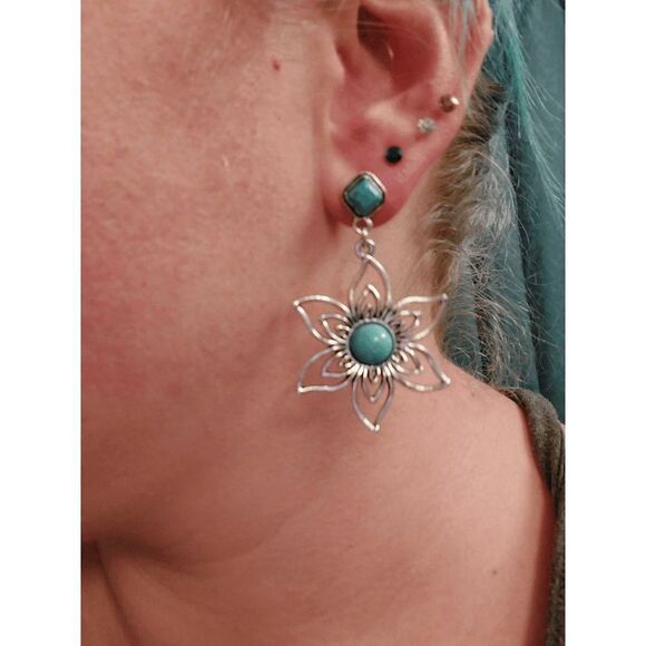 Western Lotus Silver Plated Turquoise Dangle Earrings - Picture 7 of 7